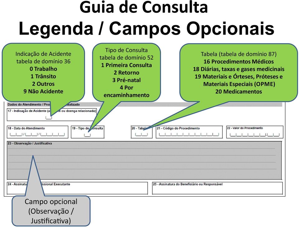 encaminhamento Tabela (tabela de domínio 87) 16 Procedimentos Médicos 18 Diárias, taxas e gases medicinais 19