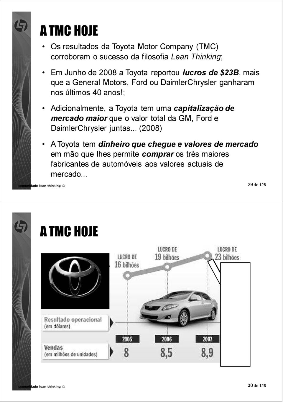 ; Adicionalmente, a Toyota tem uma capitalização de mercado maior que o valor total da GM, Ford e DaimlerChrysler juntas.