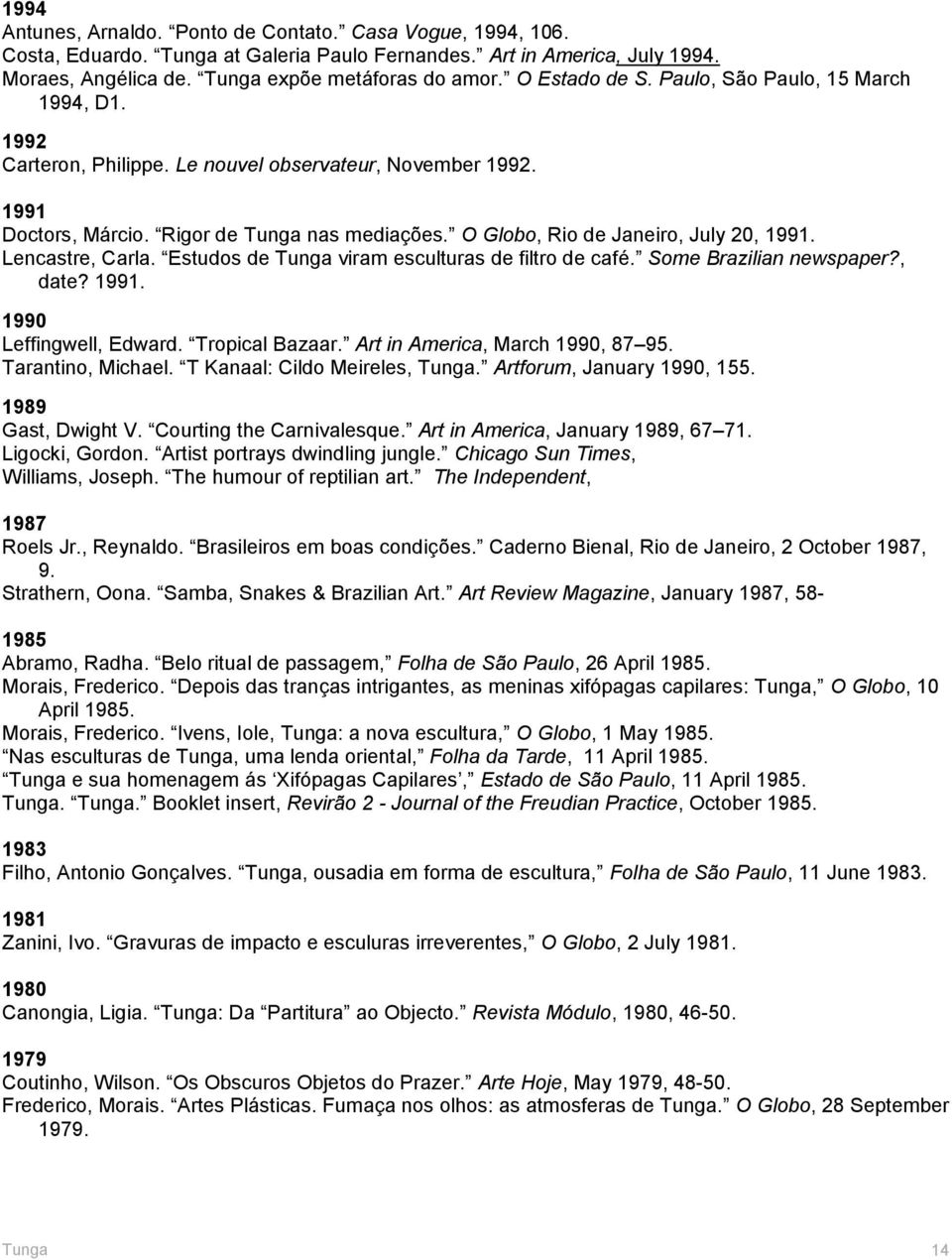 O Globo, Rio de Janeiro, July 20, 1991. Lencastre, Carla. Estudos de Tunga viram esculturas de filtro de café. Some Brazilian newspaper?, date? 1991. 1990 Leffingwell, Edward. Tropical Bazaar.