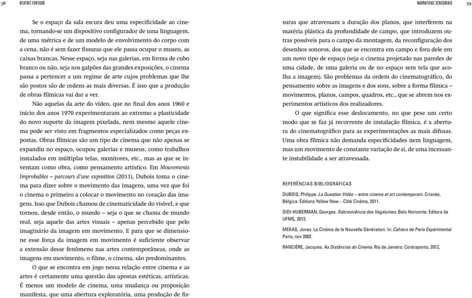 Nesse espaço, seja nas galerias, em forma de cubo branco ou não, seja nos galpões das grandes exposições, o cinema passa a pertencer a um regime de arte cujos problemas que lhe são postos são de