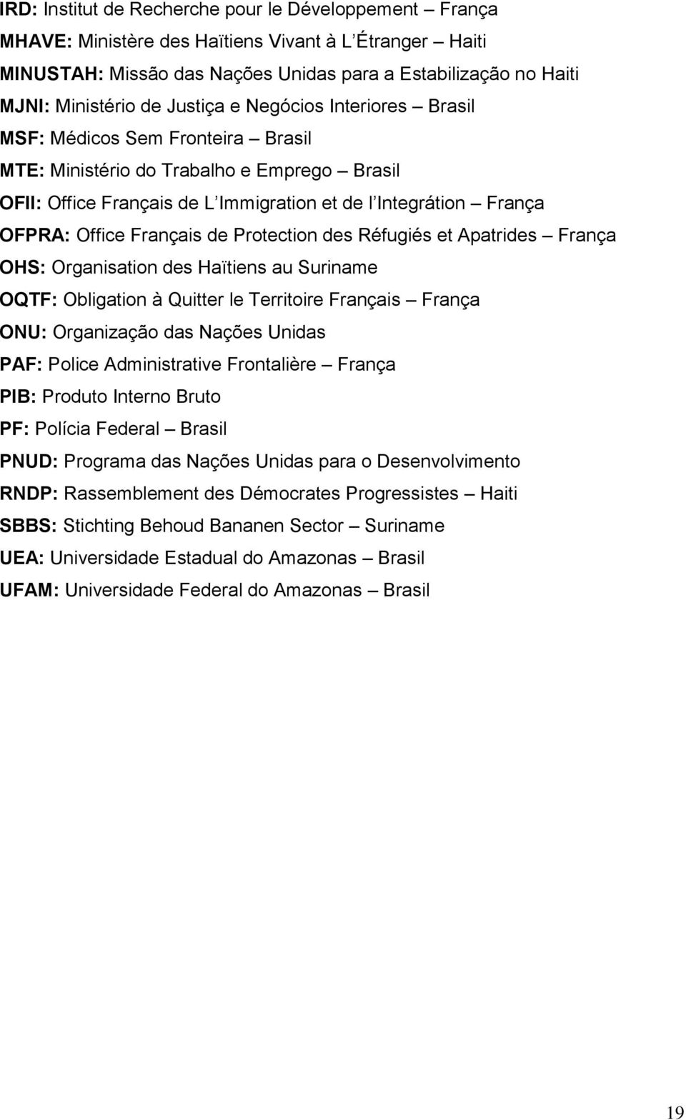 Français de Protection des Réfugiés et Apatrides França OHS: Organisation des Haïtiens au Suriname OQTF: Obligation à Quitter le Territoire Français França ONU: Organização das Nações Unidas PAF: