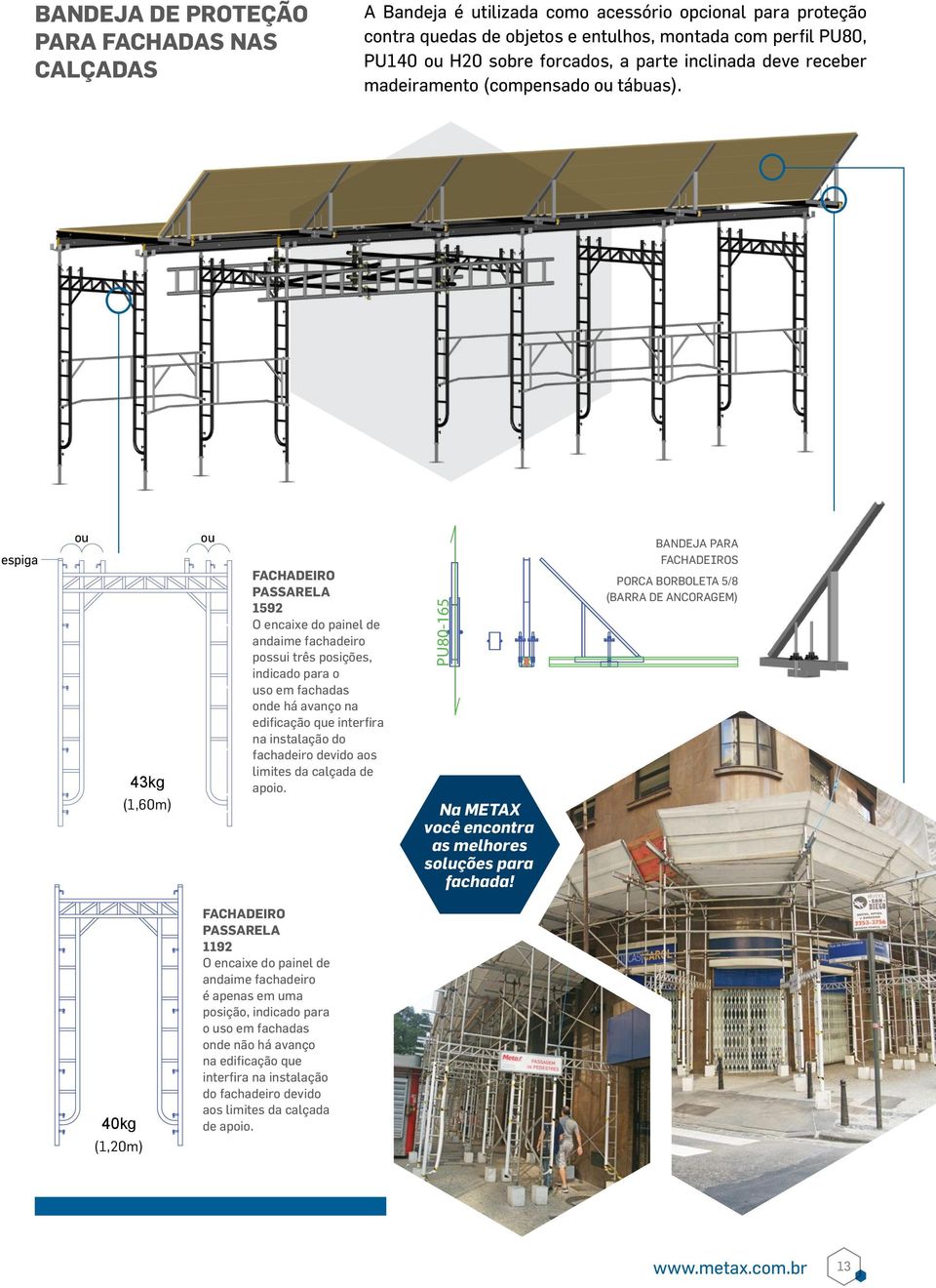 espiga ou 43kg (1,60m) ou FACHADEIRO PASSARELA 1592 O encaixe do painel de andaime fachadeiro possui três posições, indicado para o uso em fachadas onde há avanço na edificação que interfira na