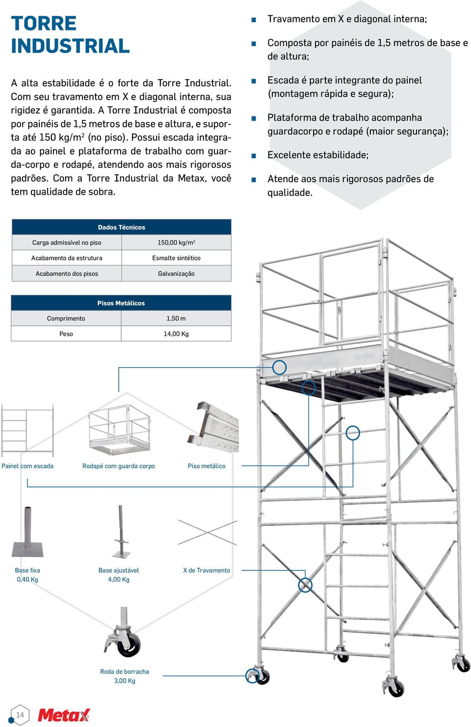 Possui escada integrada ao painel e plataforma de trabalho com guarda-corpo e rodapé, atendendo aos mais rigorosos padrões. Com a Torre Industrial da Metax, você tem qualidade de sobra.