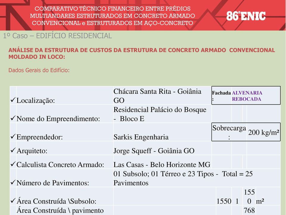 Engenharia Jorge Squeff - Goiânia GO Fachada : Sobrecarga : ALVENARIA REBOCADA 200 kg/m² ecalculista Concreto Armado: Las Casas - Belo Horizonte MG