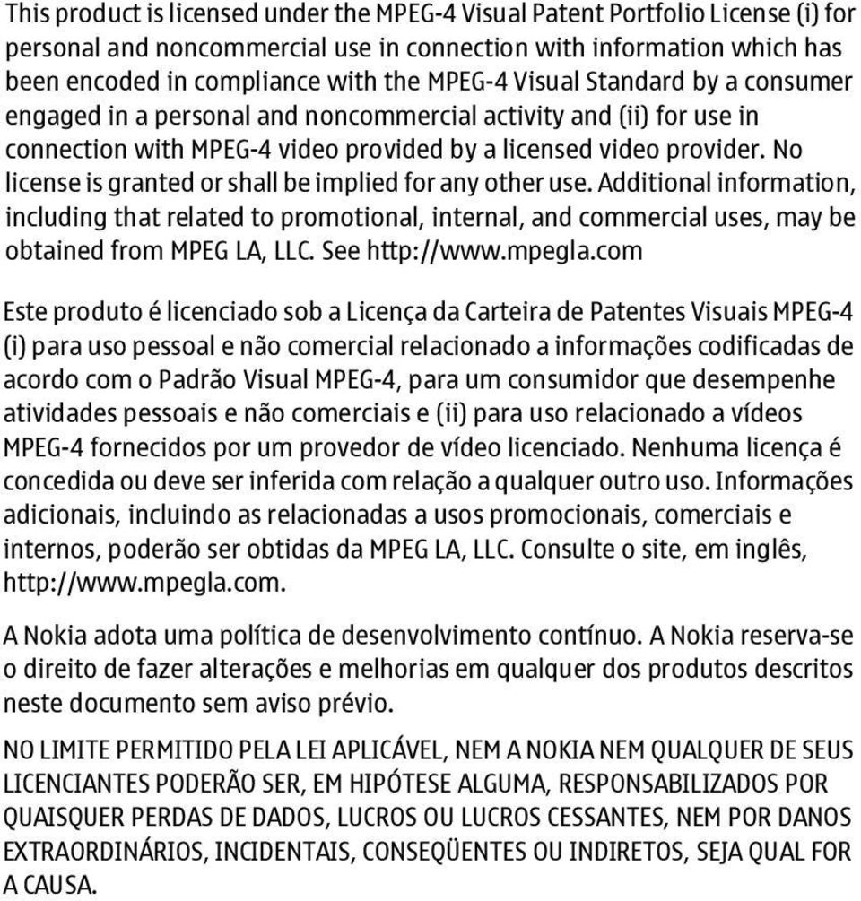 No license is granted or shall be implied for any other use. Additional information, including that related to promotional, internal, and commercial uses, may be obtained from MPEG LA, LLC.