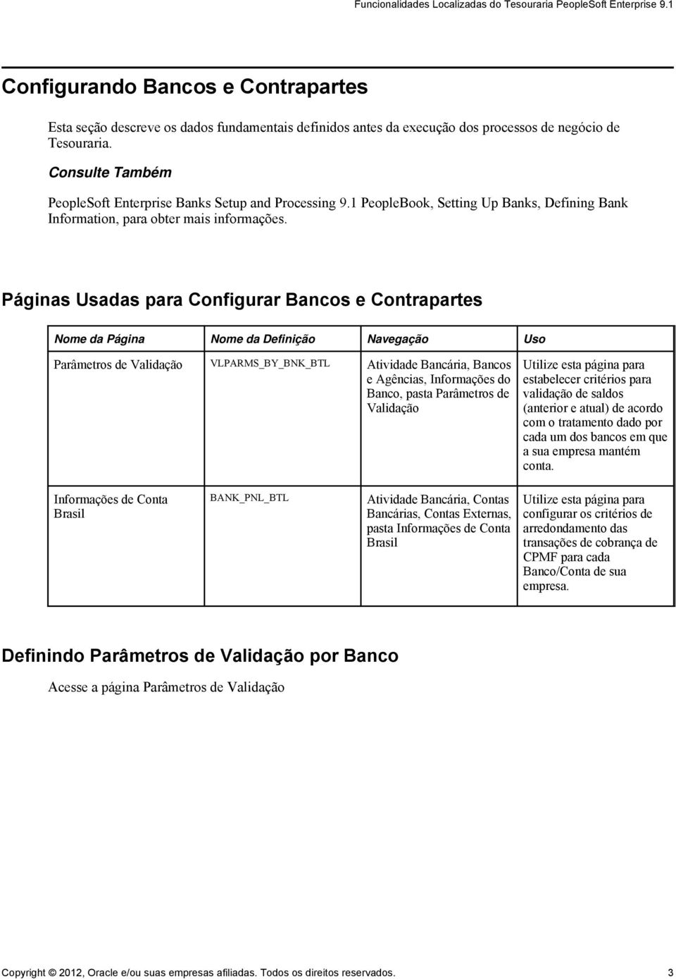 Páginas Usadas para Configurar Bancos e Contrapartes Nome da Página Nome da Definição Navegação Uso Parâmetros de Validação VLPARMS_BY_BNK_BTL Atividade Bancária, Bancos e Agências, Informações do