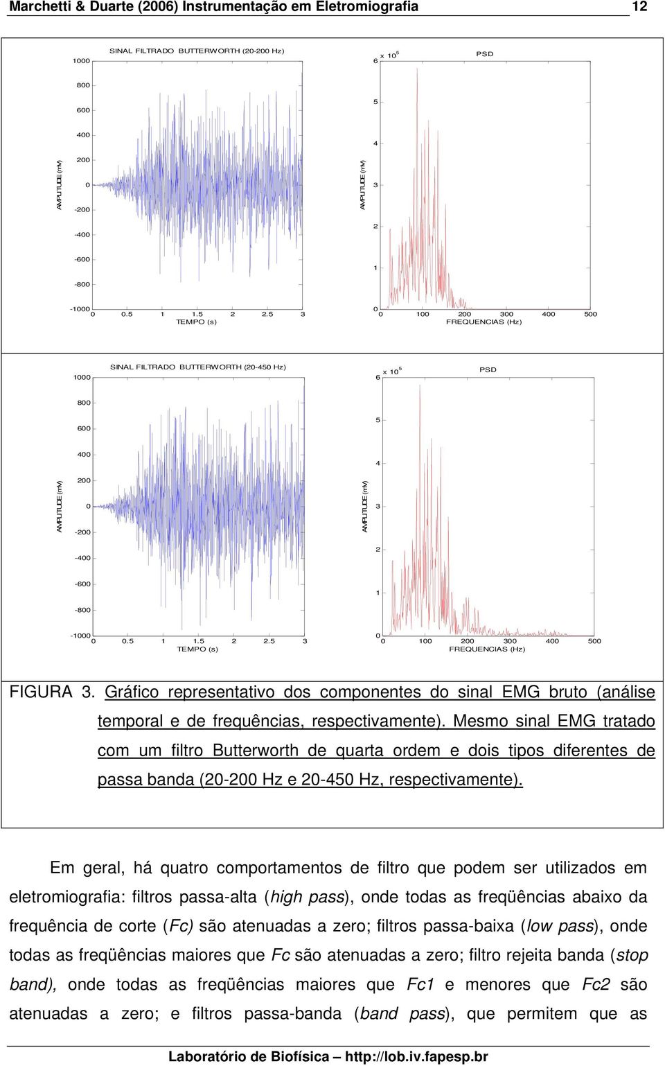 Gráfico representativo dos componentes do sinal EMG bruto (análise temporal e de frequências, respectivamente).