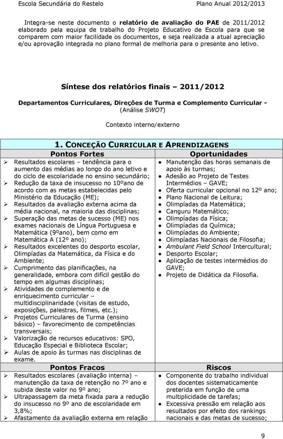 Síntese dos relatórios finais 2011/2012 Departamentos Curriculares, Direções de Turma e Complemento Curricular (Análise SWOT) Contexto interno/externo 1.