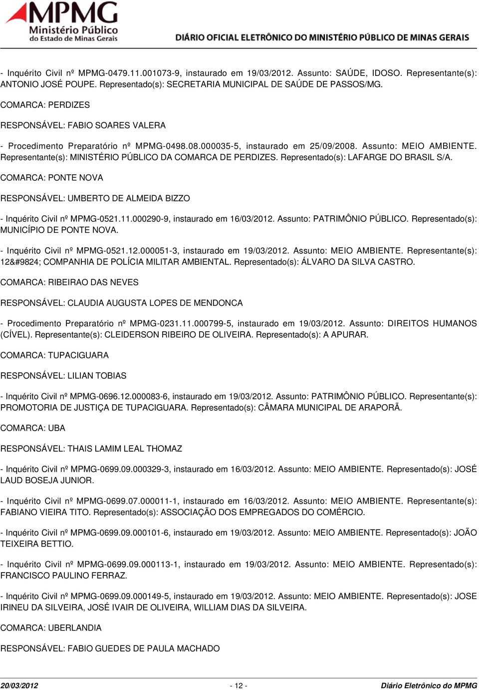 Representante(s): MINISTÉRIO PÚBLICO DA COMARCA DE PERDIZES. Representado(s): LAFARGE DO BRASIL S/A. COMARCA: PONTE NOVA RESPONSÁVEL: UMBERTO DE ALMEIDA BIZZO - Inquérito Civil nº MPMG-0521.11.