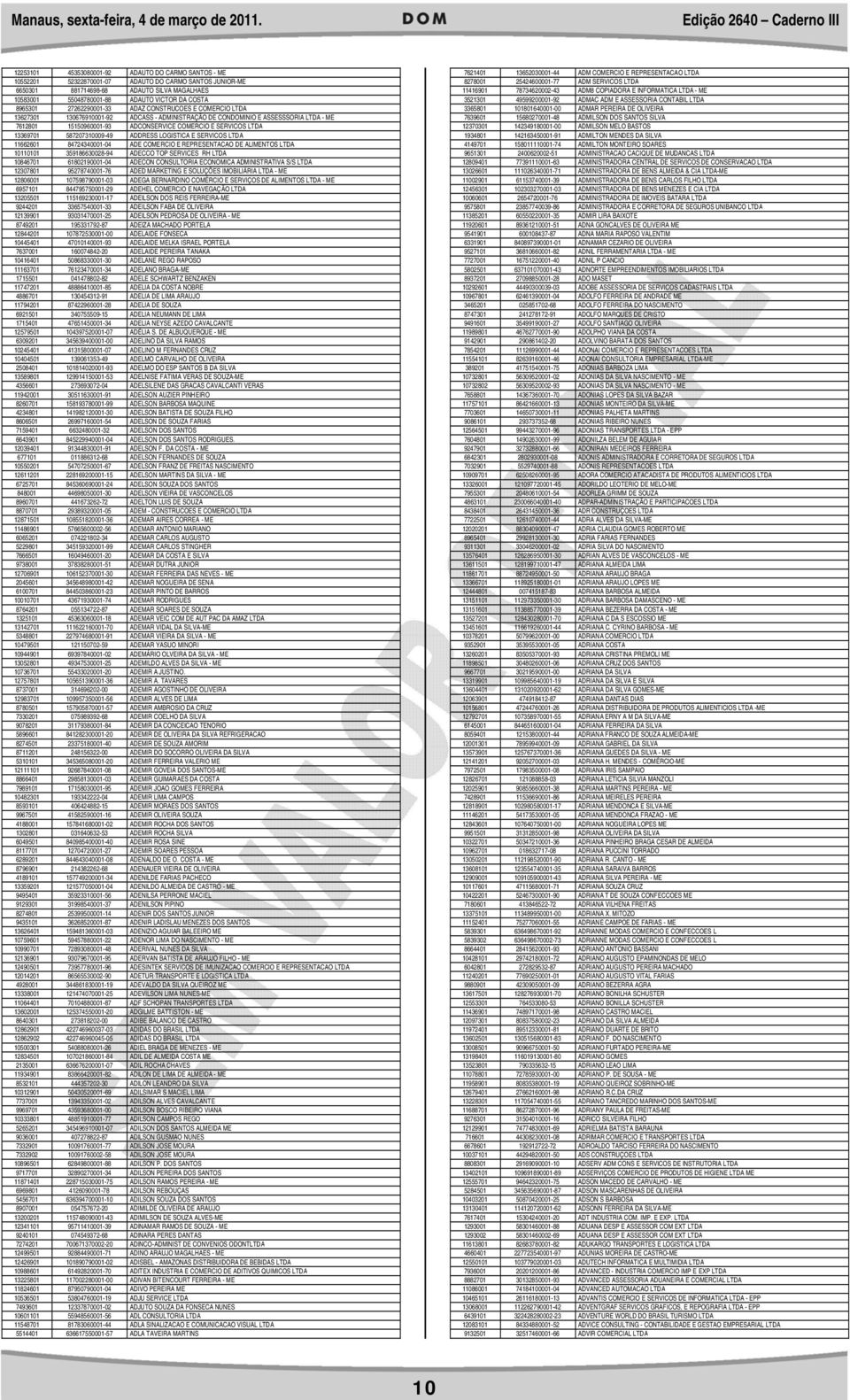 8965301 27262290001-33 ADAZ CONSTRUCOES E COMERCIO LTDA 13627301 130676910001-92 ADCASS - ADMINISTRAÇÃO DE CONDOMINIO E ASSESSSORIA LTDA - ME 7612801 15150960001-93 ADCONSERVICE COMERCIO E SERVICOS