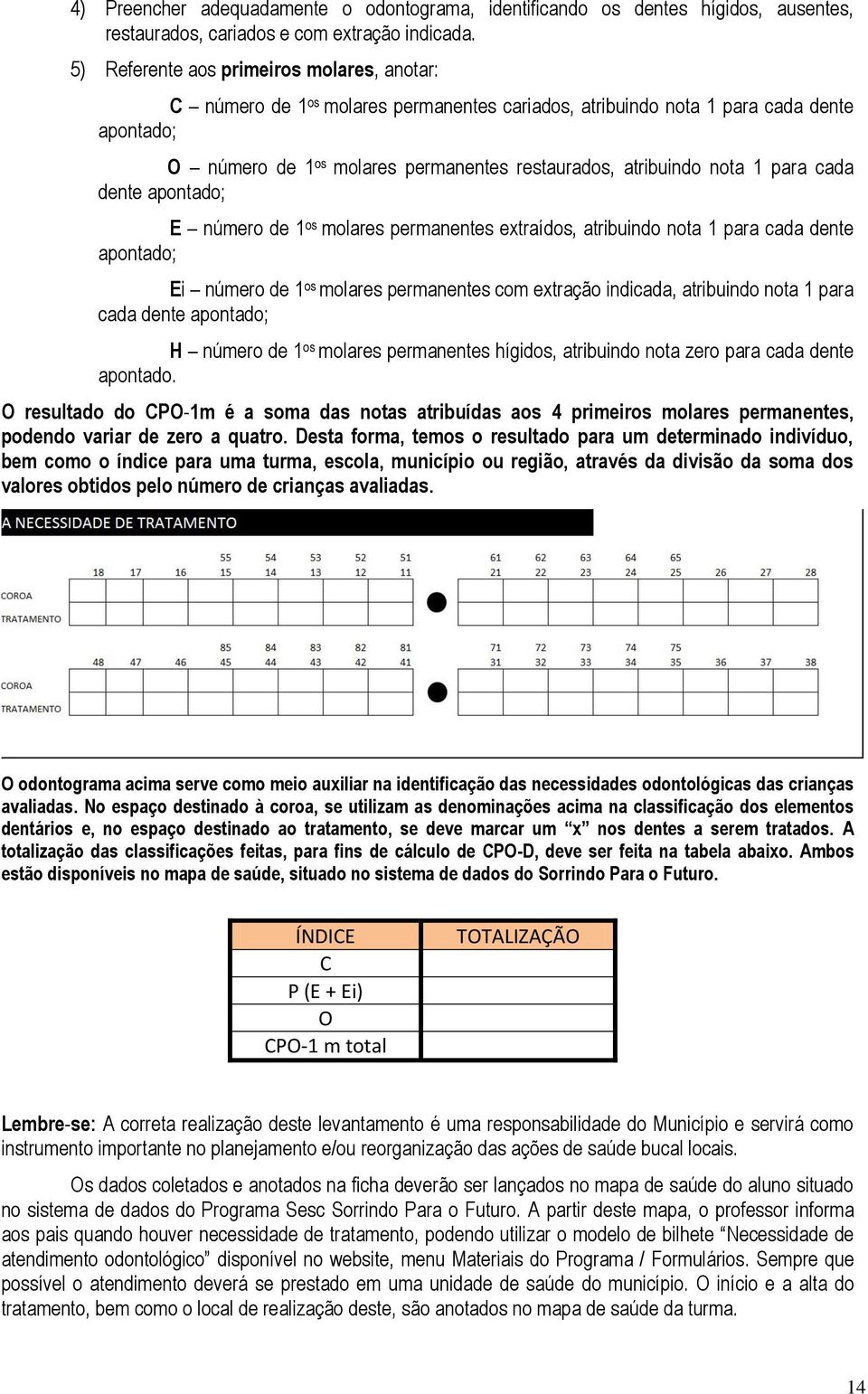 nota 1 para cada dente apontado; E número de 1 os molares permanentes extraídos, atribuindo nota 1 para cada dente apontado; Ei número de 1 os molares permanentes com extração indicada, atribuindo