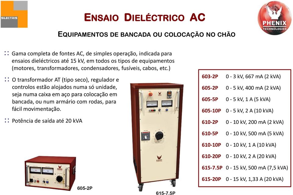 ) O transformador AT (tipo seco), regulador e controlos estão alojados numa só unidade, seja numa caixa em aço para colocação em bancada, ou num armário com rodas, para fácil movimentação.