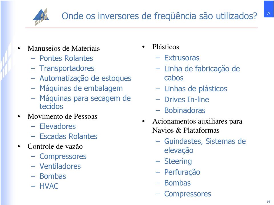 de tecidos Movimento de Pessoas Elevadores Escadas Rolantes Controle de vazão Compressores Ventiladores Bombas HVAC Plásticos