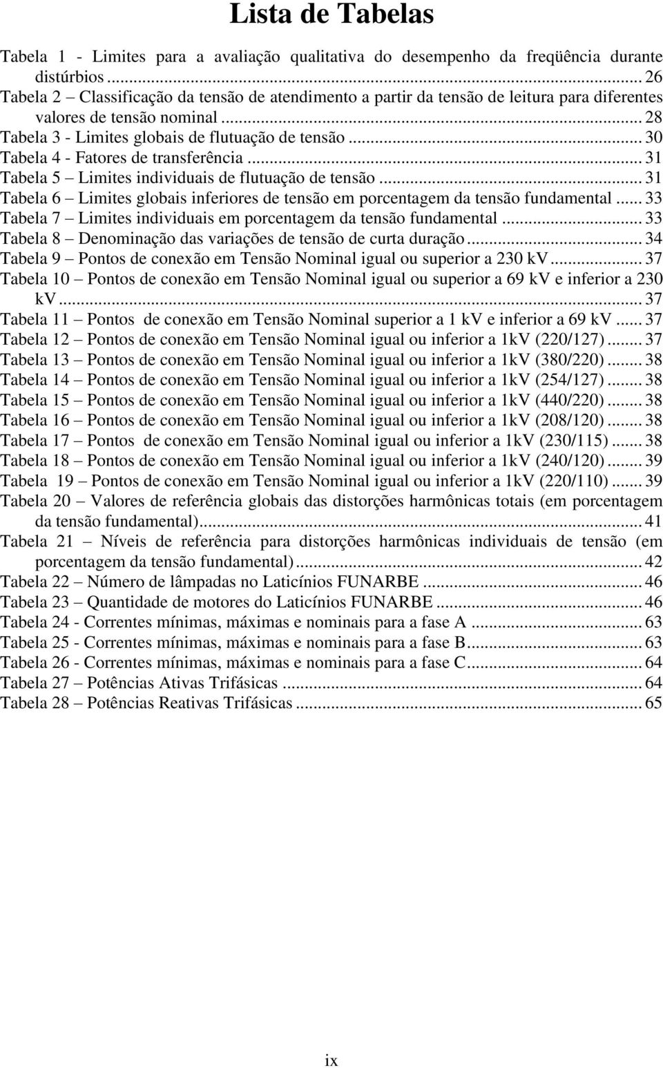 .. 30 Tabela 4 - Fatores de transferência... 31 Tabela 5 Limites individuais de flutuação de tensão... 31 Tabela 6 Limites globais inferiores de tensão em porcentagem da tensão fundamental.