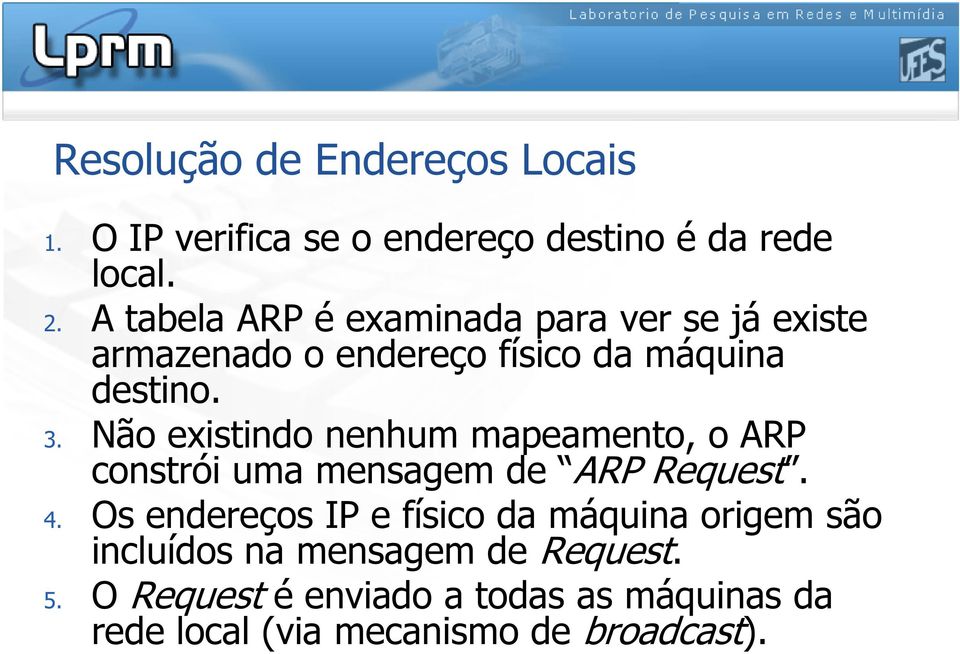 Não existindo nenhum mapeamento, o ARP constrói uma mensagem de ARP Request. 4.