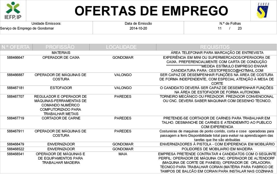 EXPERIÊNCIA EM MINI OU SUPERMERCADOS/OPERADORA DE CAIXA. PREFERENCIALMENTE COM CARTA DE CONDUÇÃO """"""""""""""""""""""""""MEDIDA ESTÍMULO EMPREGO ENVIAR CANDIDATURA PARA: CESTOFRESCO@HOTMAIL.