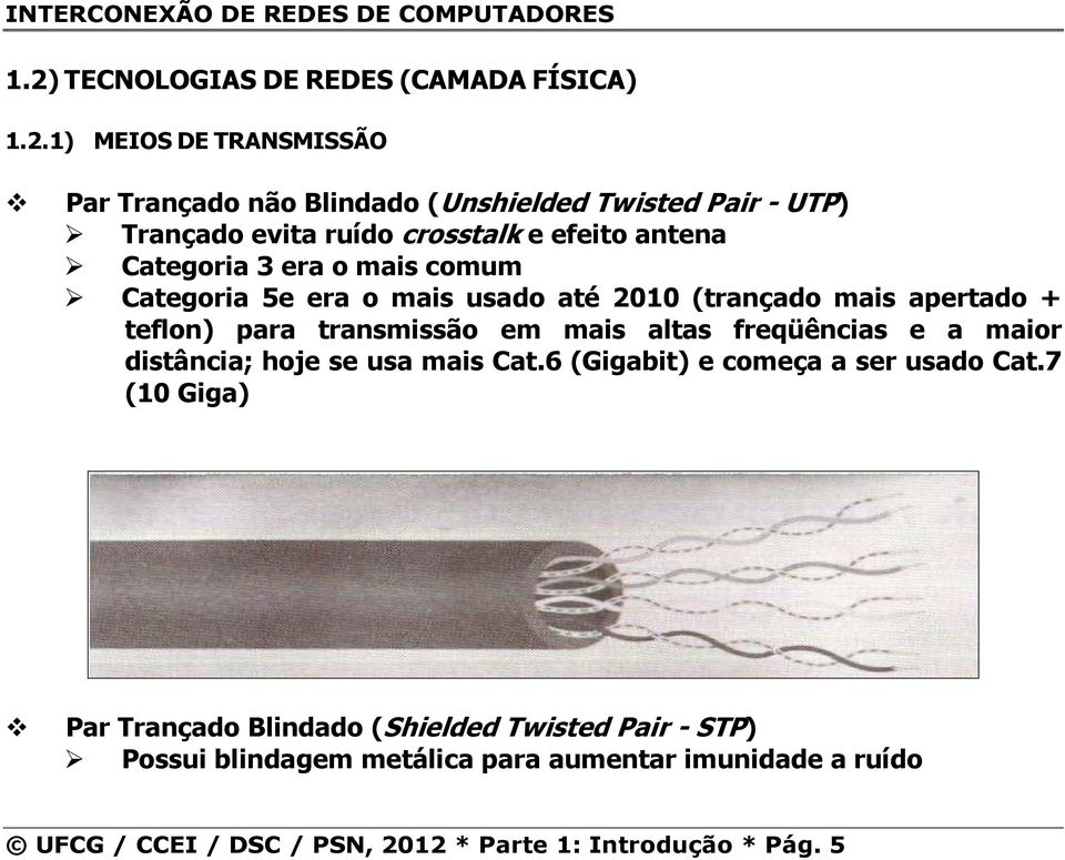 1) MEIOS DE TRNSMISSÃO Par Trançado não Blindado (Unshielded Twisted Pair - UTP) Trançado evita ruído crosstalk e efeito antena Categoria 3 era o mais