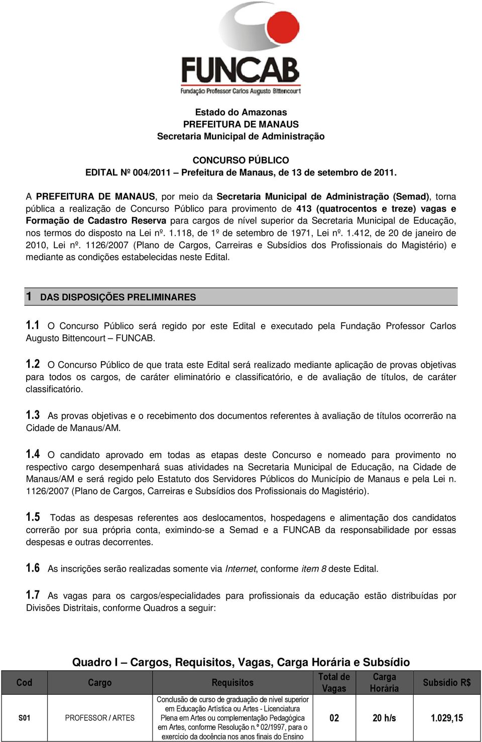 Cadastro Reserva para cargos de nível superior da Secretaria Municipal de Educação, nos termos do disposto na Lei nº. 1.118, de 1º de setembro de 1971, Lei nº. 1.412, de 20 de janeiro de 2010, Lei nº.