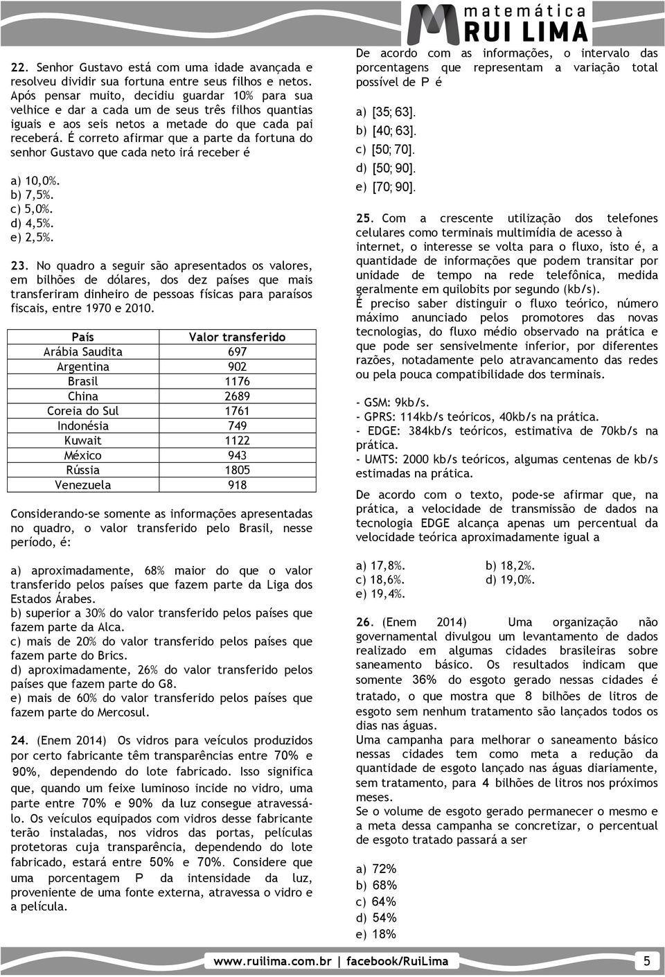 É correto afirmar que a parte da fortuna do senhor Gustavo que cada neto irá receber é a) 10,0%. b) 7,5%. c) 5,0%. d) 4,5%. e) 2,5%. 23.