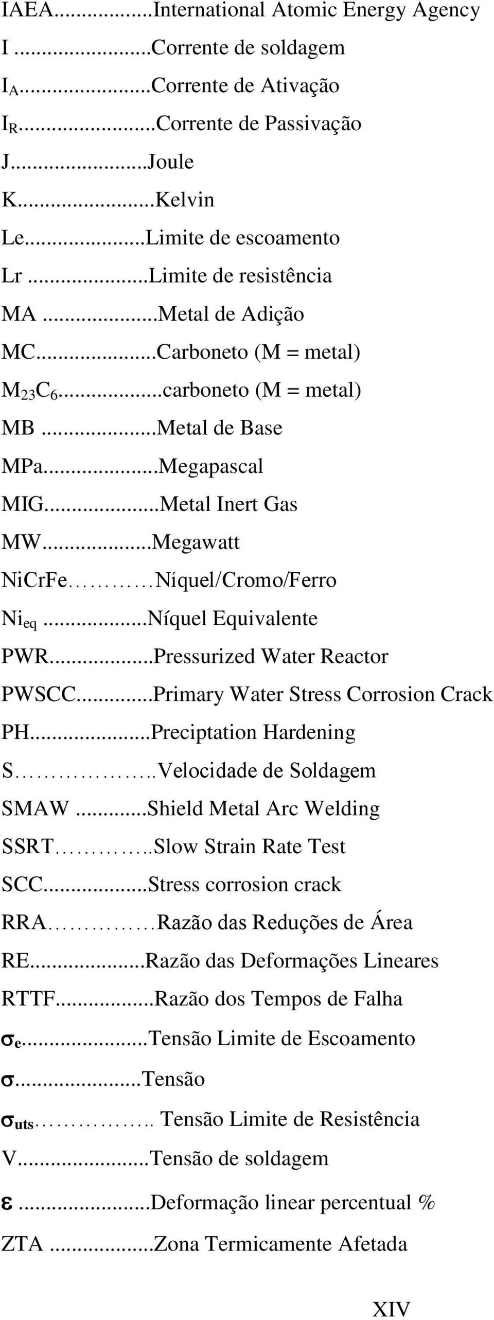 ..níquel Equivalente PWR...Pressurized Water Reactor PWSCC...Primary Water Stress Corrosion Crack PH...Preciptation Hardening S..Velocidade de Soldagem SMAW...Shield Metal Arc Welding SSRT.