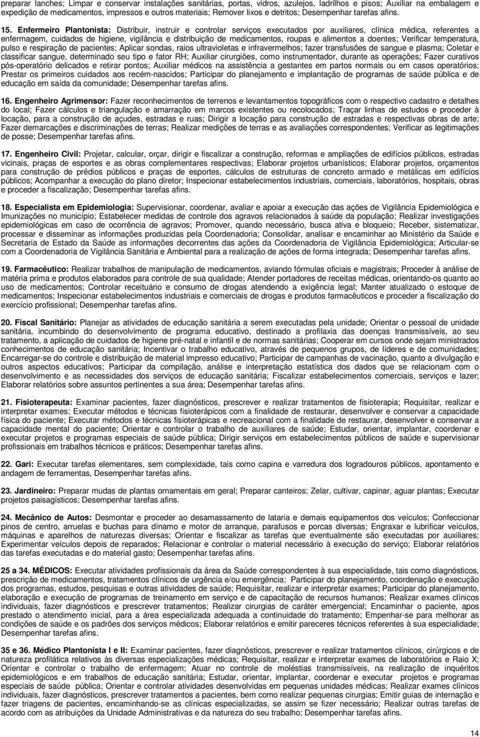 Enfermeiro Plantonista: Distribuir, instruir e controlar serviços executados por auxiliares, clínica médica, referentes a enfermagem, cuidados de higiene, vigilância e distribuição de medicamentos,