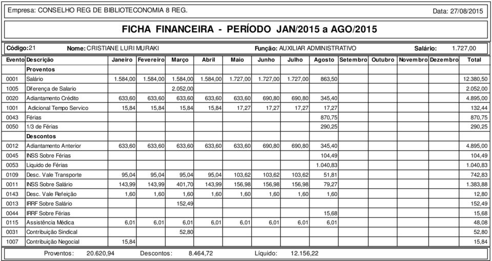 895,00 1001 Adicional Tempo Servico 15,84 15,84 15,84 15,84 17,27 17,27 17,27 17,27 132,44 0043 Férias 870,75 870,75 0050 1/3 de Férias 290,25 290,25 0012 Adiantamento Anterior 633,60 633,60 633,60