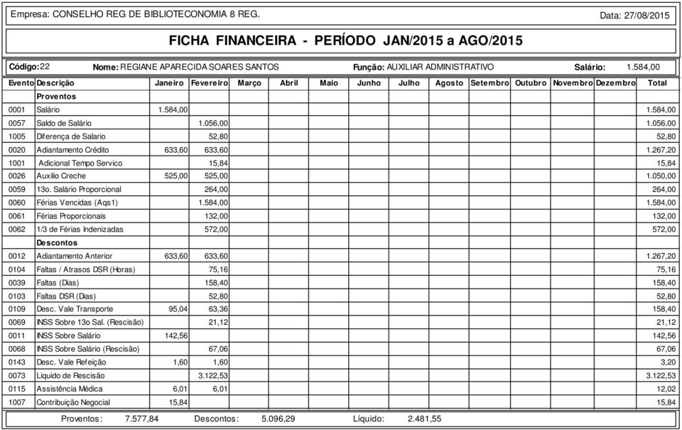 Salário Proporcional 264,00 264,00 0060 Férias Vencidas (Aqs1) 1.584,00 1.