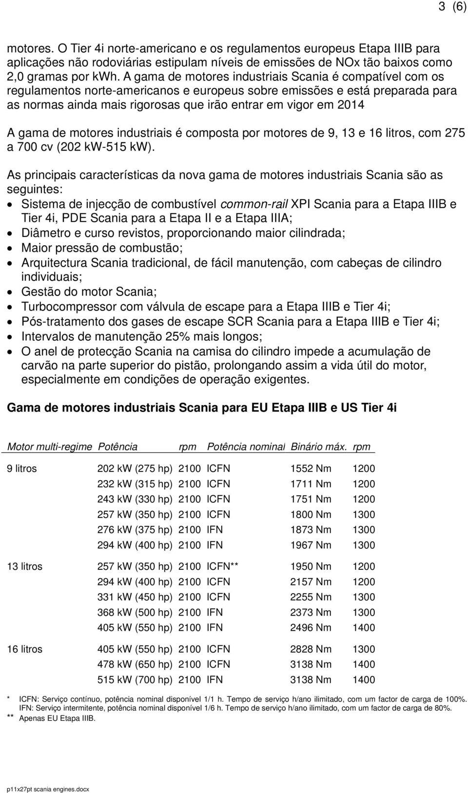 A gama de motores industriais é composta por motores de 9, 13 e 16 litros, com 275 a 700 cv (202-515 ).