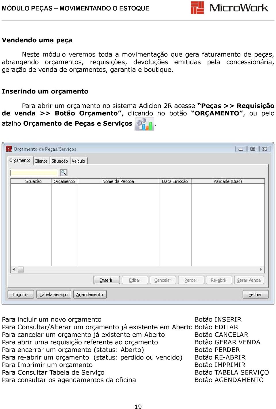 Inserindo um orçamento Para abrir um orçamento no sistema Adicion 2R acesse Peças >> Requisição de venda >> Botão Orçamento, clicando no botão ORÇAMENTO, ou pelo atalho Orçamento de Peças e Serviços