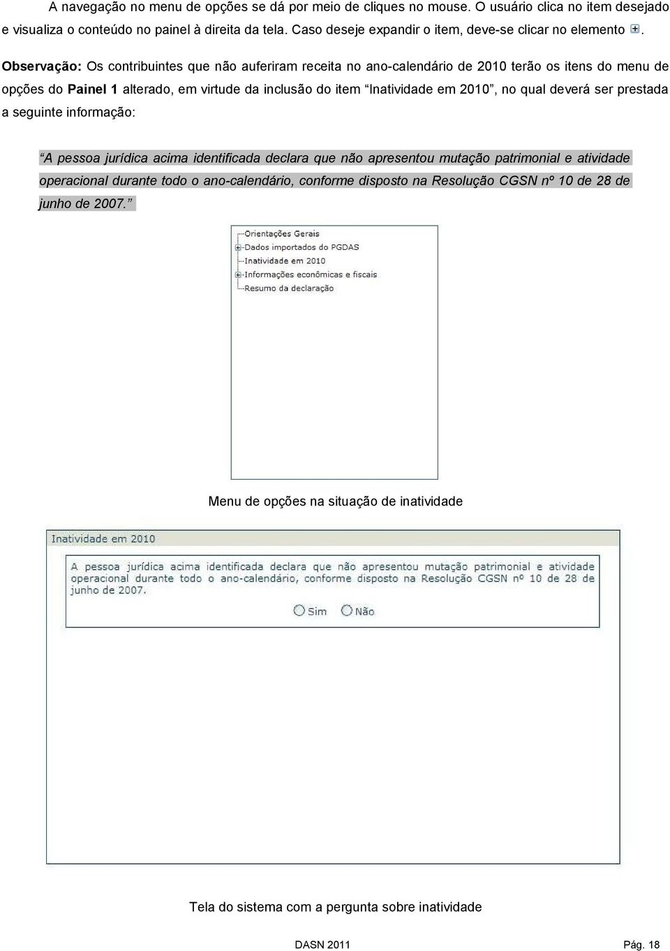 Observação: Os contribuintes que não auferiram receita no ano-calendário de 2010 terão os itens do menu de opções do Painel 1 alterado, em virtude da inclusão do item Inatividade em 2010,