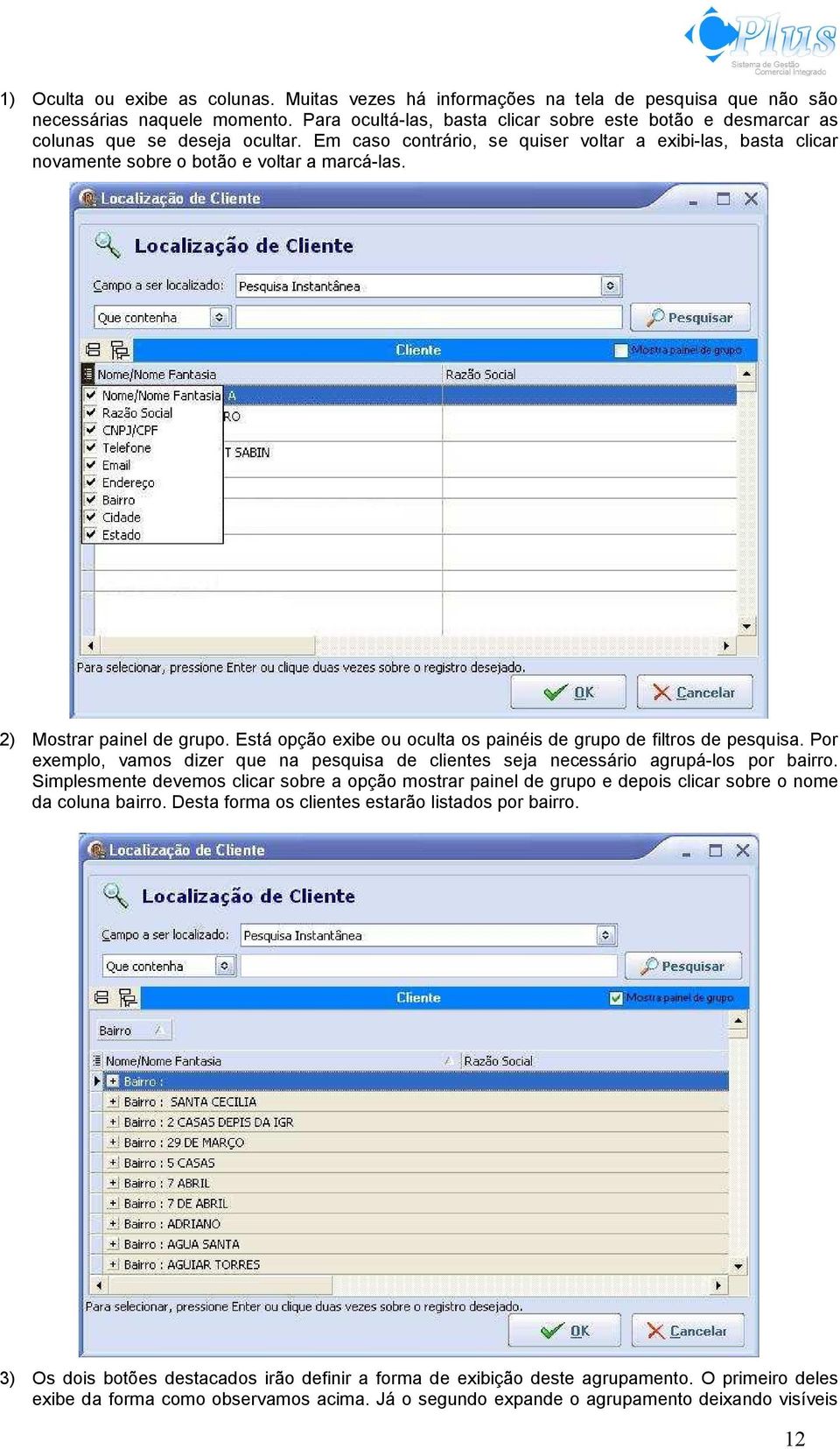 2) Mostrar painel de grupo. Está opção exibe ou oculta os painéis de grupo de filtros de pesquisa. Por exemplo, vamos dizer que na pesquisa de clientes seja necessário agrupá-los por bairro.