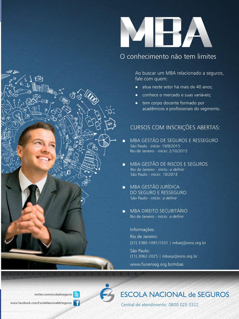 CURSOS COM INSCRIÇÕES ABERTAS: MBA GESTÃO DE SEGUROS E RESSEGURO São Paulo - início: 19/9/2015 Rio de Janeiro - início: 2/10/2015 MBA GESTÃO DE RISCOS E SEGUROS Rio de Janeiro - início: a definir São