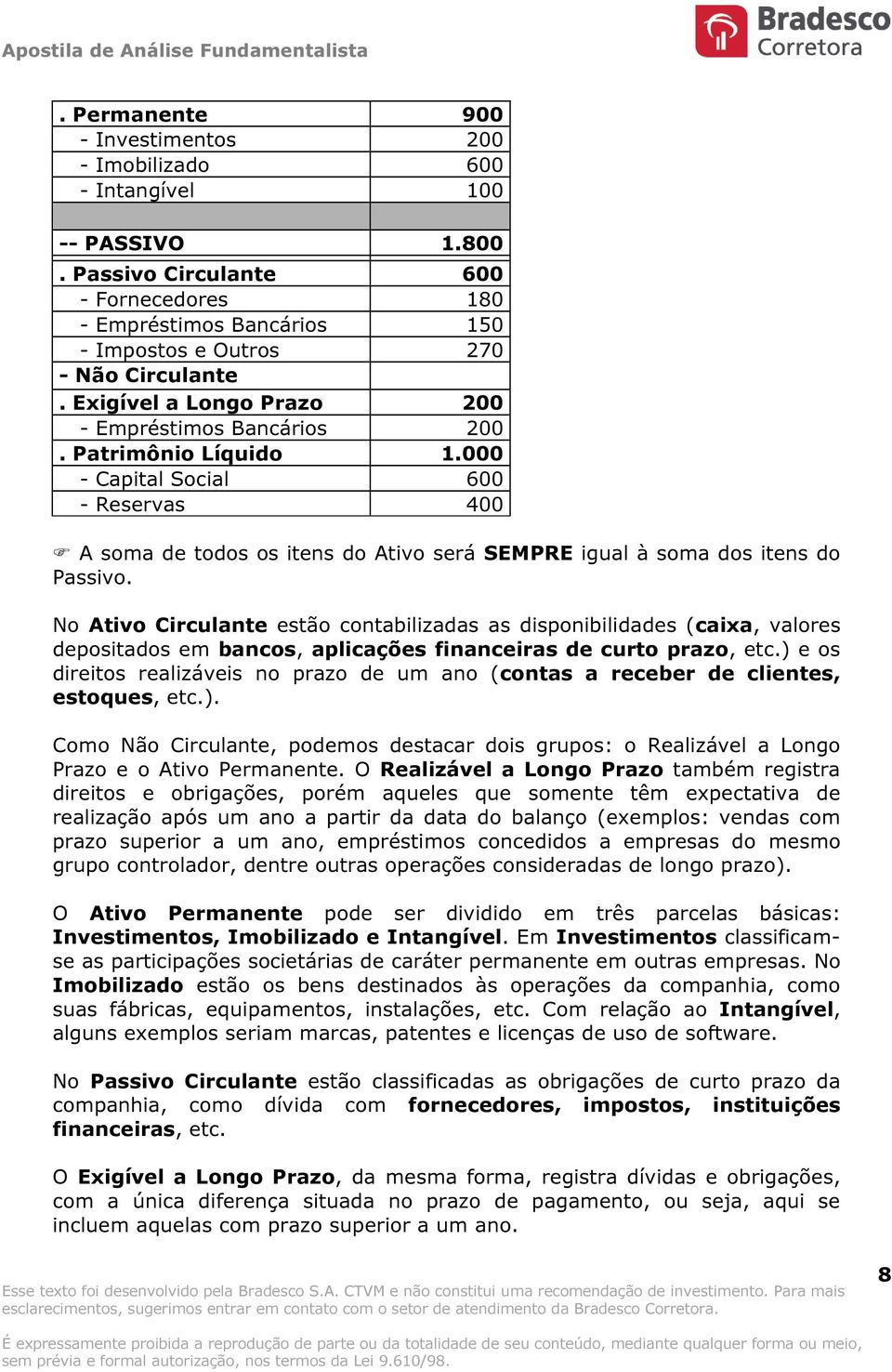 000 - Capital Social 600 - Reservas 400 A soma de todos os itens do Ativo será SEMPRE igual à soma dos itens do Passivo.