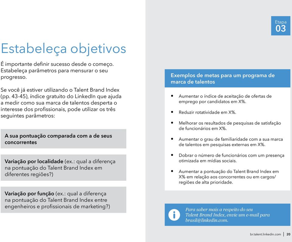 seus concorrentes Variação por localidade (ex.: qual a diferença na pontuação do Talent Brand Index em diferentes regiões?) Variação por função (ex.