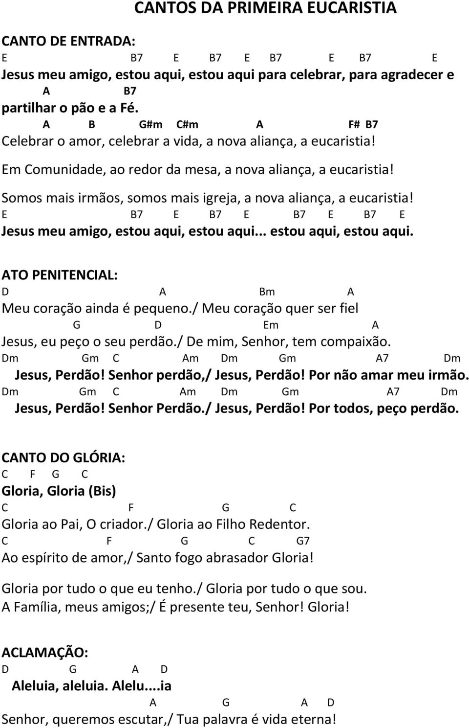 Somos mais irmãos, somos mais igreja, a nova aliança, a eucaristia! E B7 E B7 E B7 E B7 E Jesus meu amigo, estou aqui, estou aqui... estou aqui, estou aqui. ATO PENITENCIAL: D A Bm A Meu coração ainda é pequeno.