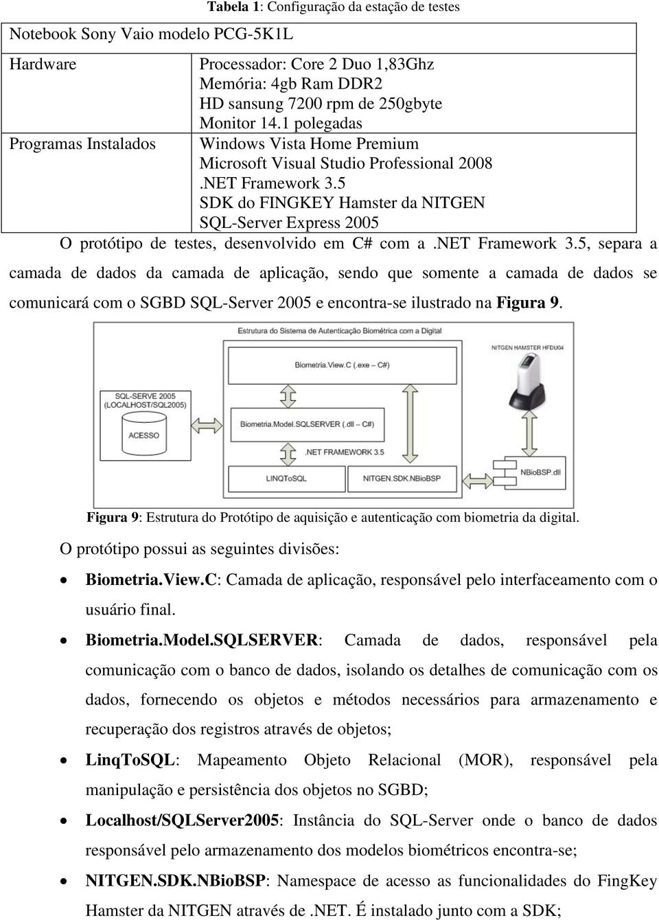 5 SDK do FINGKEY Hamster da NITGEN SQL-Server Express 2005 O protótipo de testes, desenvolvido em C# com a.net Framework 3.