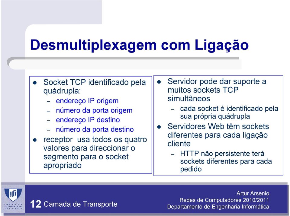 Servidor pode dar suporte a muitos sockets TCP simultâneos cada socket é identificado pela sua própria quádrupla Servidores