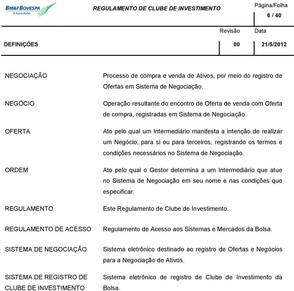 Ato pelo qual um Intermediário manifesta a intenção de realizar um Negócio, para si ou para terceiros, registrando os termos e condições necessários no Sistema de Negociação.