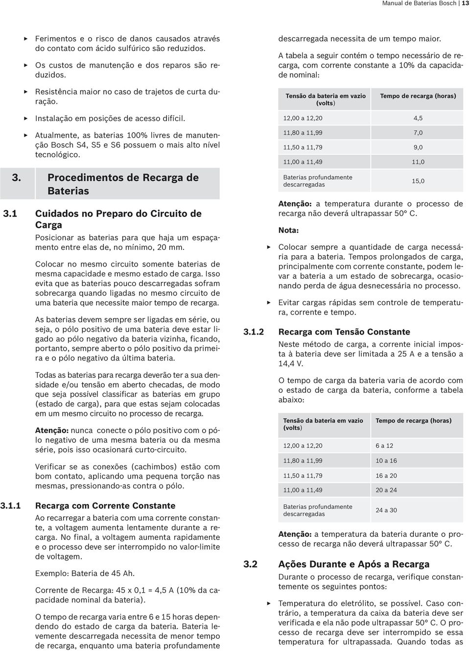 A tabela a seguir contém o tempo necessário de recarga, com corrente constante a 10% da capacidade nominal: Resistência maior no caso de trajetos de curta duração.