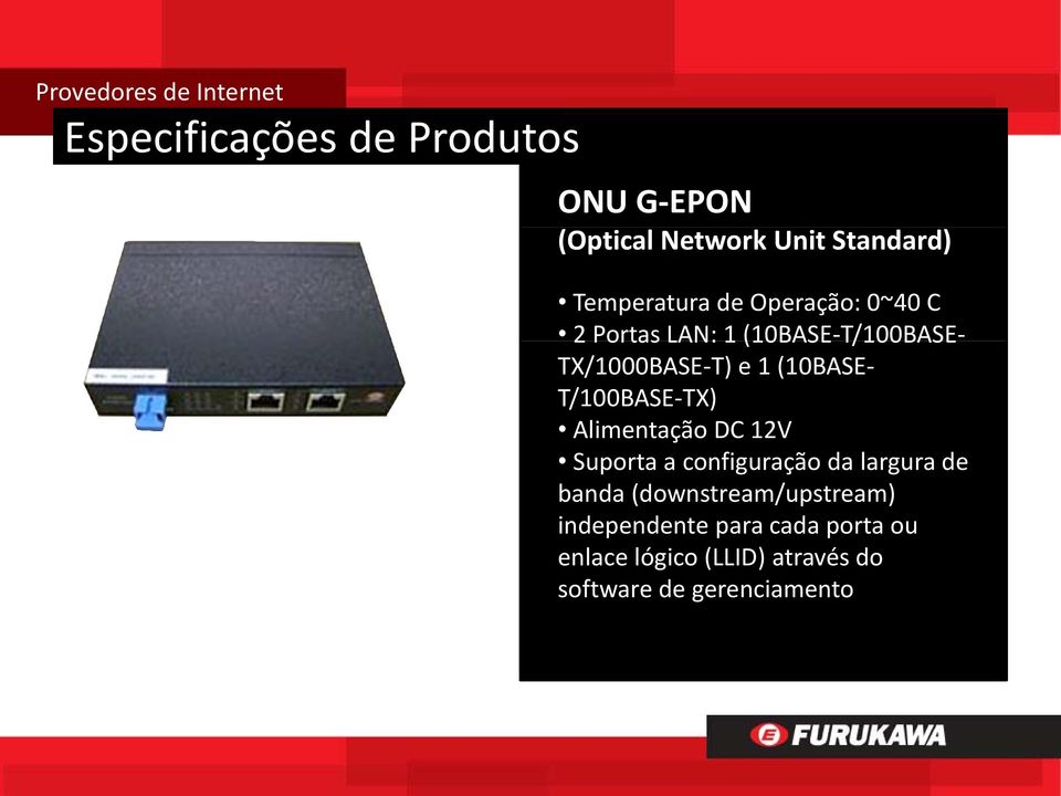 TX) Alimentação DC 12V Suporta a configuração da largura de banda (downstream/upstream)