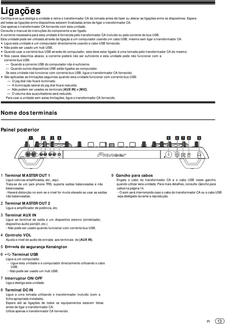 Consulte o manual de instruções do componente a ser ligado. A corrente necessária para esta unidade é fornecida pelo transformador CA incluído ou pela corrente do bus USB.