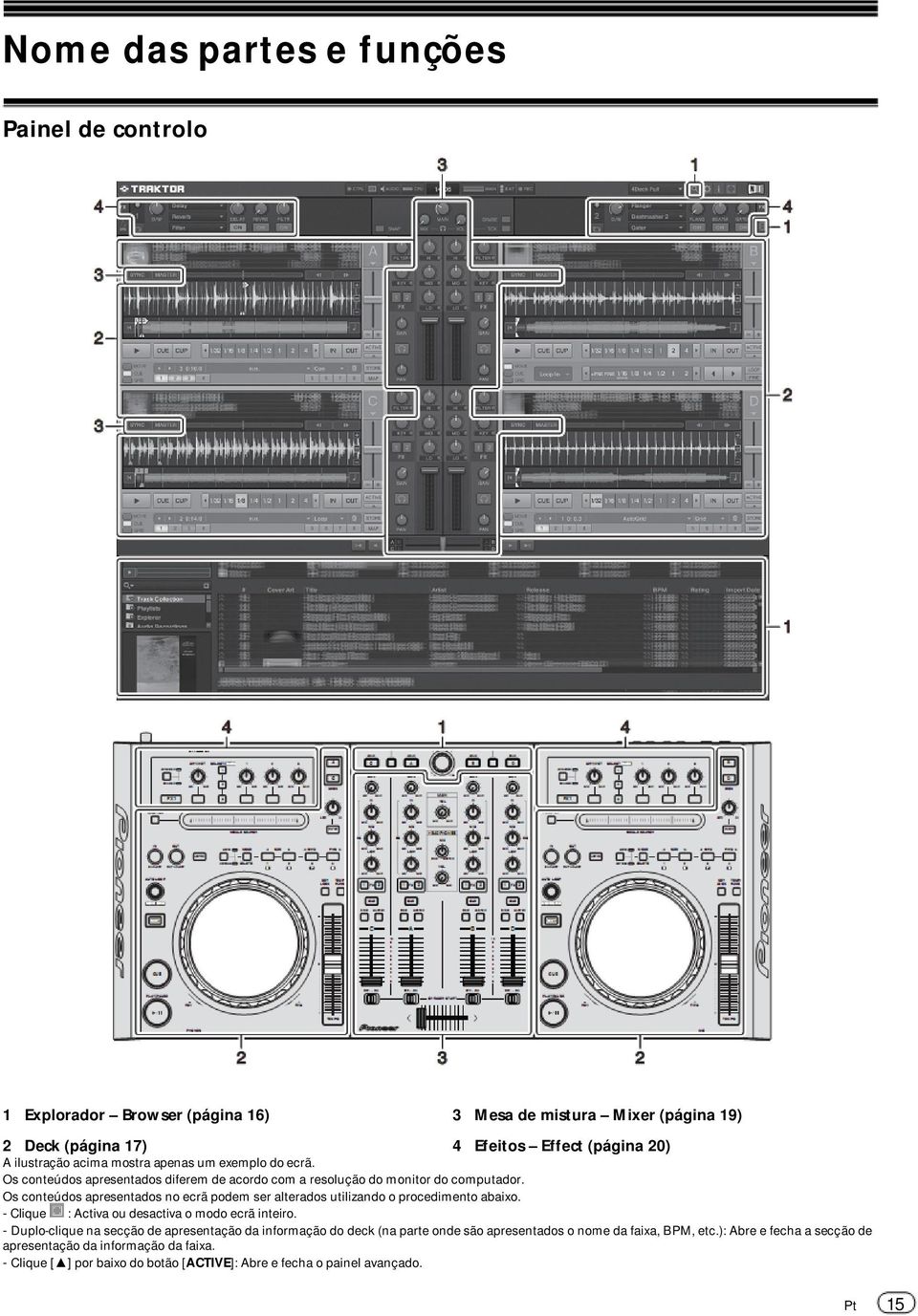 Nome das partes e funções Painel de controlo 4 4 1 3 2 3 2 1 4 1 4 OFF ON DRY/ W ET SELECT/ BACK A C A B D DRY/ W ET SELECT/ BACK B REC C GAI N GAI N BROW SE VI EW PUSH GAI N GAI N D DEC K DEC K FX1