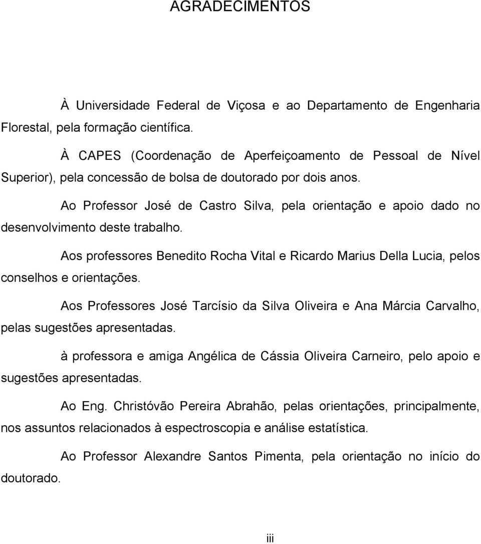 Ao Professor José de Castro Silva, pela orientação e apoio dado no desenvolvimento deste trabalho. Aos professores Benedito Rocha Vital e Ricardo Marius Della Lucia, pelos conselhos e orientações.