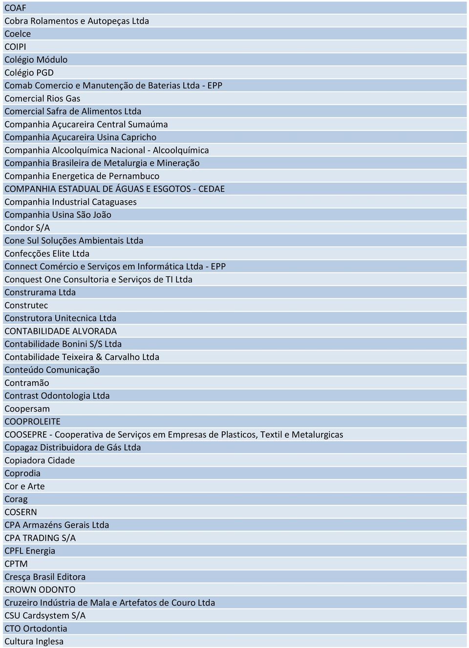 COMPANHIA ESTADUAL DE ÁGUAS E ESGOTOS - CEDAE Companhia Industrial Cataguases Companhia Usina São João Condor S/A Cone Sul Soluções Ambientais Ltda Confecções Elite Ltda Connect Comércio e Serviços