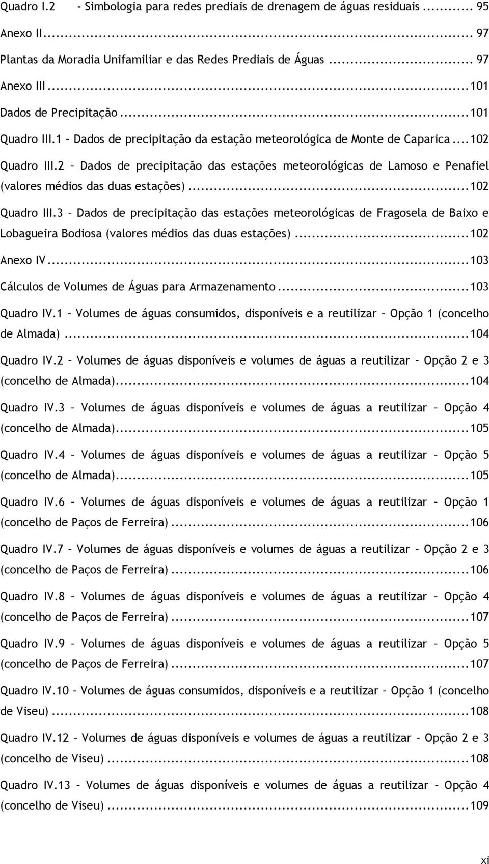 2 Dados de precipitação das estações meteorológicas de Lamoso e Penafiel (valores médios das duas estações)... 102 Quadro III.