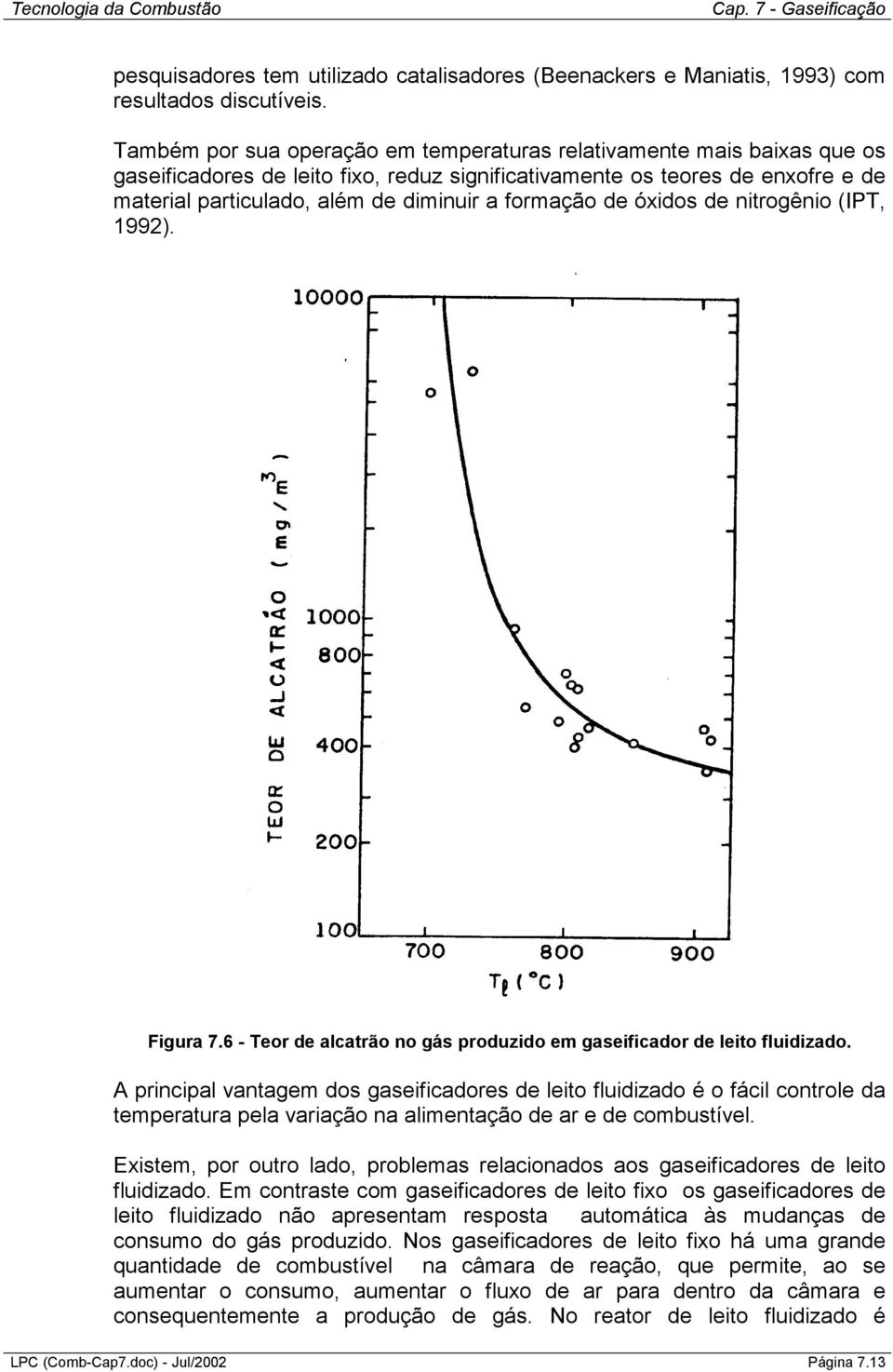 formação de óxidos de nitrogênio (IPT, 1992). Figura 7.6 - Teor de alcatrão no gás produzido em gaseificador de leito fluidizado.