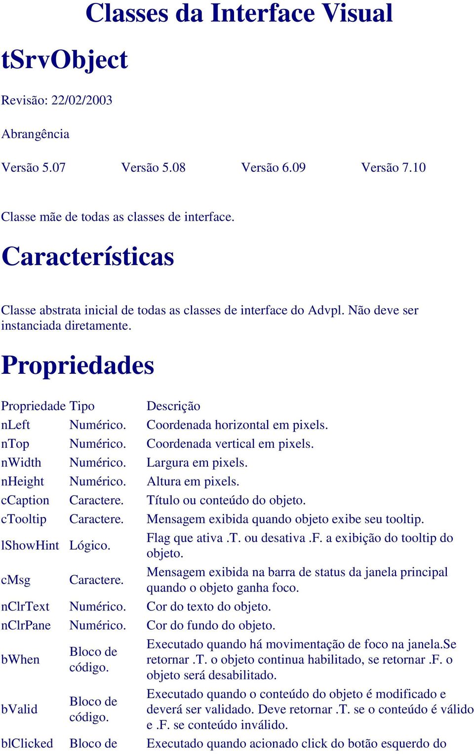 ntop Numérico. Coordenada vertical em pixels. nwidth Numérico. Largura em pixels. nheight Numérico. Altura em pixels. ccaption Caractere. Título ou conteúdo do objeto. ctooltip Caractere.