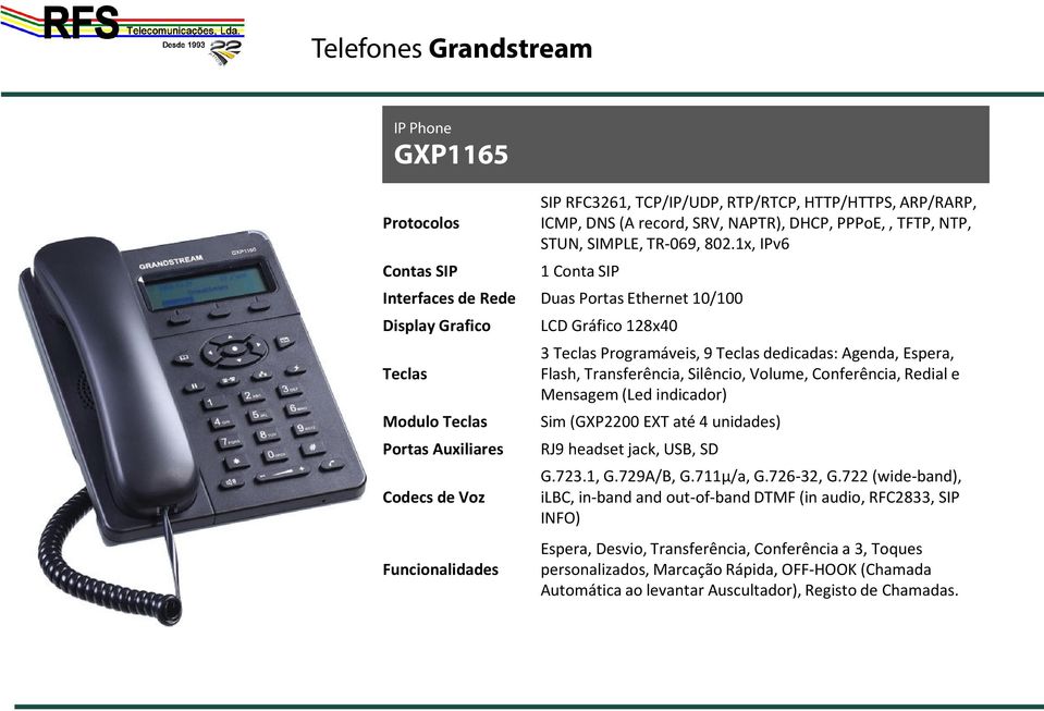 Transferência, Silêncio, Volume, Conferência, Redial e Mensagem (Led indicador) Modulo Teclas Sim (GXP2200 EXT até 4 unidades) Portas Auxiliares RJ9 headset jack, USB, SD G.723.1, G.729A/B, G.