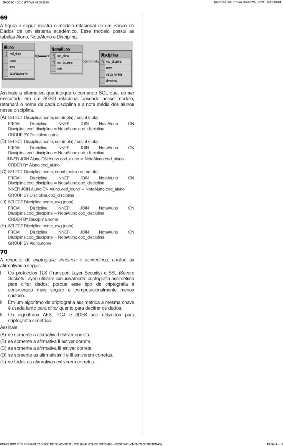 (A) SELECT Disciplina.nome, sum(nota) / count (nota) FROM Disciplina INNER JOIN NotaAluno ON Disciplina.cod_disciplina = NotaAluno.cod_disciplina GROUP BY Disciplina.nome (B) SELECT Disciplina.