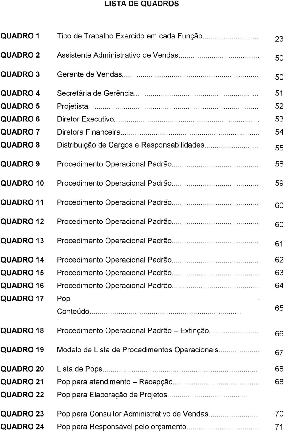 .. 58 QUADRO 10 Procedimento Operacional Padrão... 59 QUADRO 11 QUADRO 12 QUADRO 13 Procedimento Operacional Padrão... Procedimento Operacional Padrão... Procedimento Operacional Padrão... 60 60 61 QUADRO 14 Procedimento Operacional Padrão.